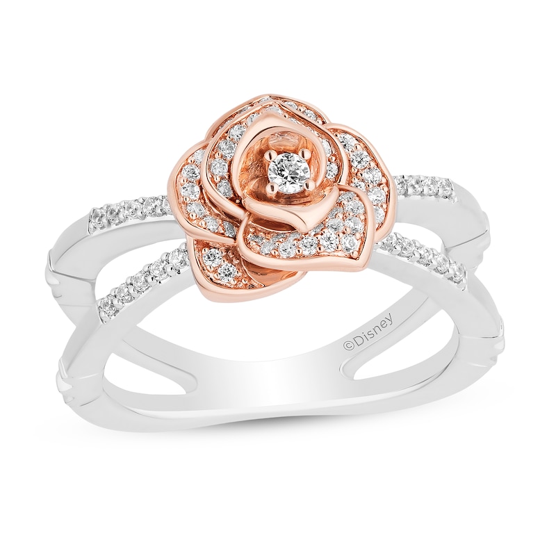 Enchanted Disney Belle 1/4 CT. T.W. Diamond Rose Orbit Split Shank Ring in Sterling Silver and 10K Rose Gold - Size 7