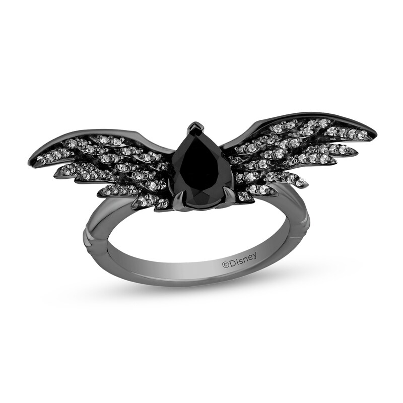 Main Image 1 of Enchanted Disney Villains Maleficent Pear-Shaped Onyx and 1/4 CT. T.W. Diamond Wings Ring in Sterling Silver - Size 7