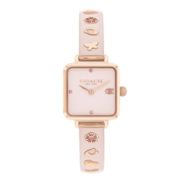 Ladies' Coach Cass Crystal Accent Rose-Tone IP Blush Resin Bangle Watch with Square Pink Dial (Model: 14504309)