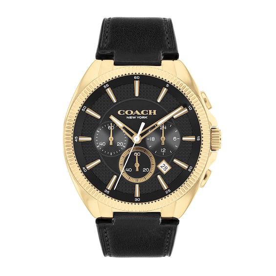 Men's Coach Jackson Gold-Tone IP Black Leather Strap Chronograph Watch with Black Dial (Model: 14602684)