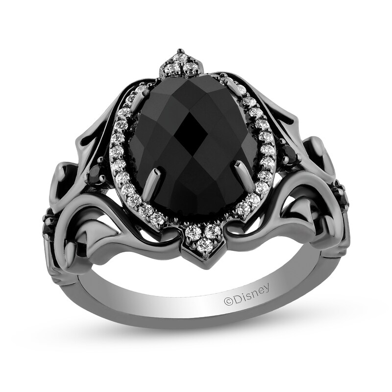 Main Image 1 of Enchanted Disney Villains Maleficent Oval Onyx and 1/5 CT. T.W. Diamond Frame Ring in Black Rhodium Sterling Silver