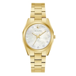 Ladies' Bulova Surveyor Mother-of-Pearl and Diamond Accent Dial Watch in Gold-Tone Stainless Steel (Model 97P172)