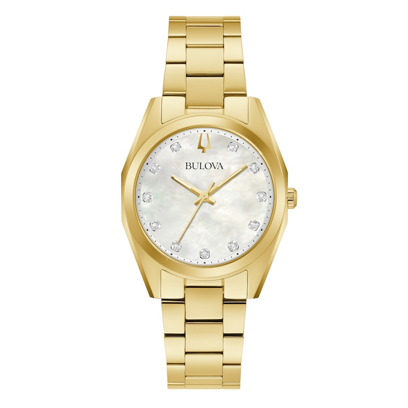 Main Image 1 of Ladies' Bulova Surveyor Mother-of-Pearl and Diamond Accent Dial Watch in Gold-Tone Stainless Steel (Model 97P172)