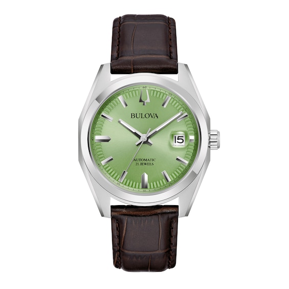 Men's Bulova Surveyor Green Dial Watch in Stainless Steel with Brown Leather Strap (Model 96B427)