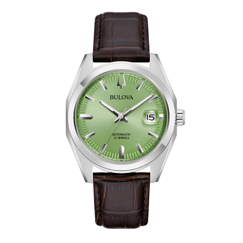 Main Image 1 of Men's Bulova Surveyor Green Dial Watch in Stainless Steel with Brown Leather Strap (Model 96B427)