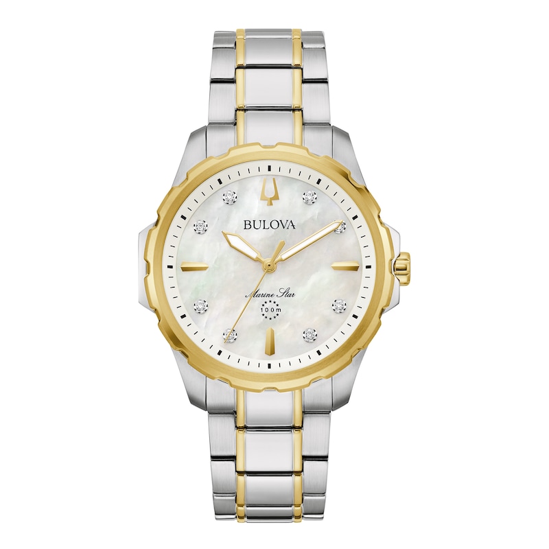 Main Image 1 of Ladies' Bulova Marine Star Mother-of-Pearl and Diamond Accent Dial Watch in Two-Tone Stainless Steel (Model 98P227)