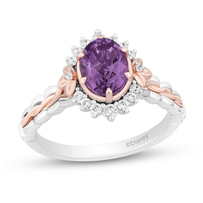 Main Image 1 of Enchanted Disney Rapunzel Oval Amethyst and Diamond Frame Braided Shank Ring in Sterling Silver and 10K Rose Gold