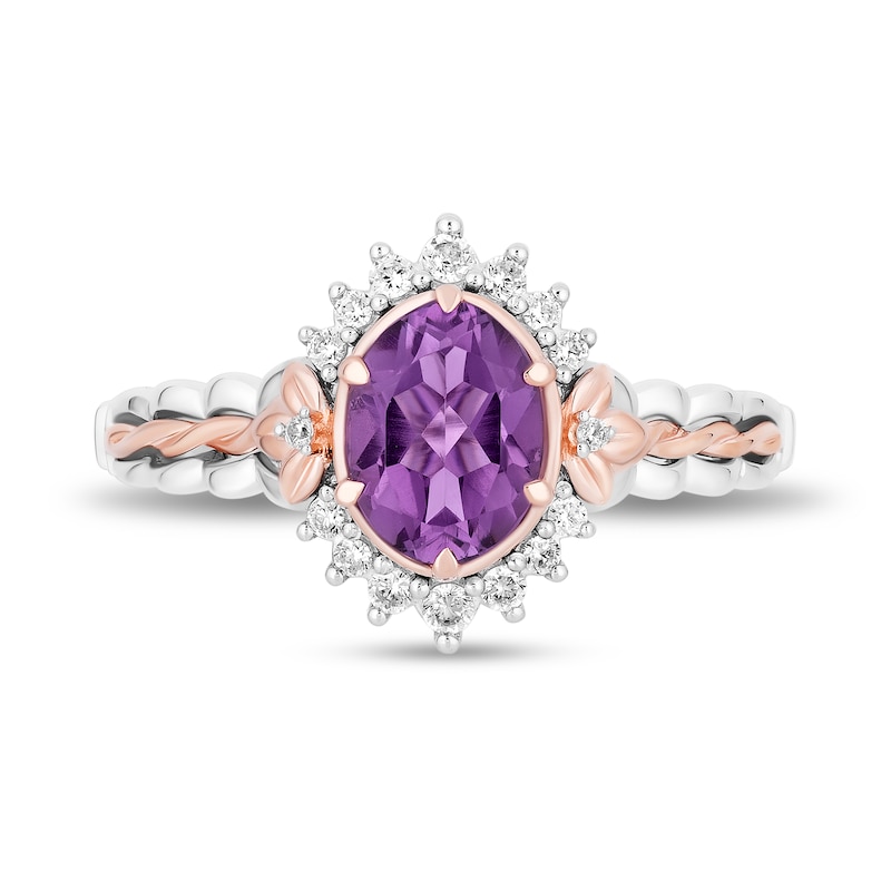 Main Image 4 of Enchanted Disney Rapunzel Oval Amethyst and Diamond Frame Braided Shank Ring in Sterling Silver and 10K Rose Gold