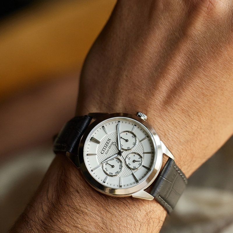 Main Image 4 of Men's Citizen Rolan Watch in Stainess Steel with Grey Leather Strap (Model: BU2110-01A)