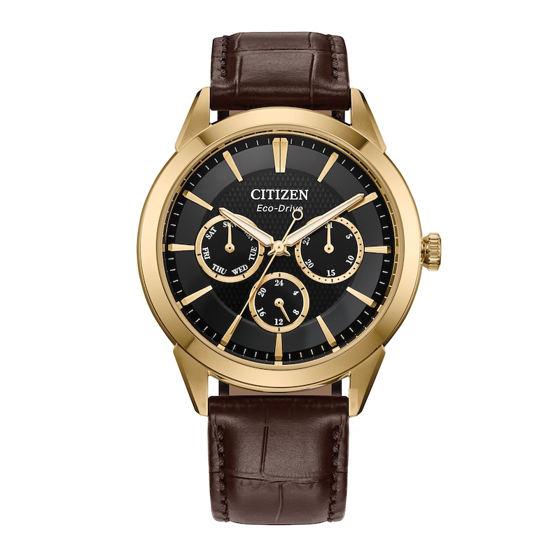 Main Image 1 of Men's Citizen Rolan Watch in Gold-Tone Stainess Steel with Brown Leather Strap (Model: BU2112-06E)