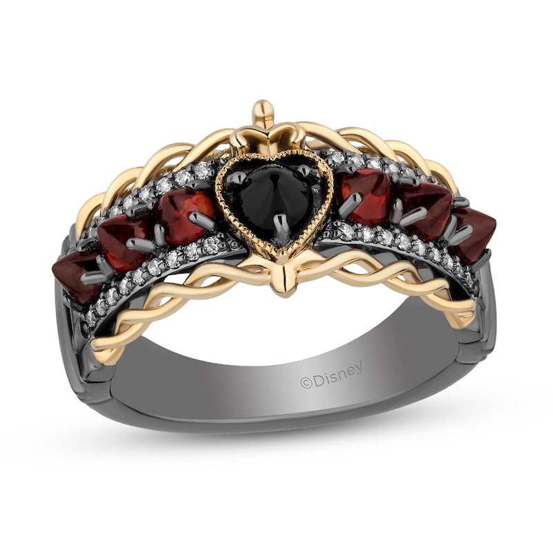 Enchanted Disney Villains Evil Queen 1/10 CT. T.W. Diamond, Onyx and Garnet Ring in Sterling Silver and 10K Gold - Size 7