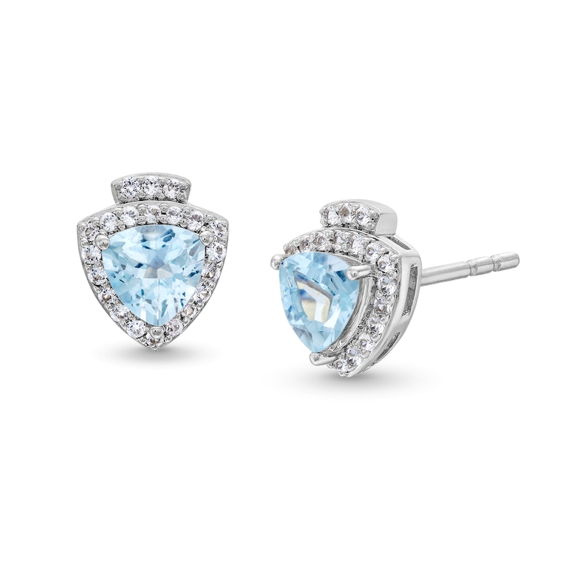 Main Image 1 of Trillion-Cut Aquamarine and White Lab-Created Sapphire Stud Earrings in Sterling Silver