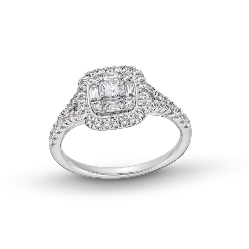 Main Image 1 of 1/2 CT. T.W. Baguette and Round Cushion-Shaped Multi-Diamond Frame Split Shank Engagement Ring in 10K White Gold