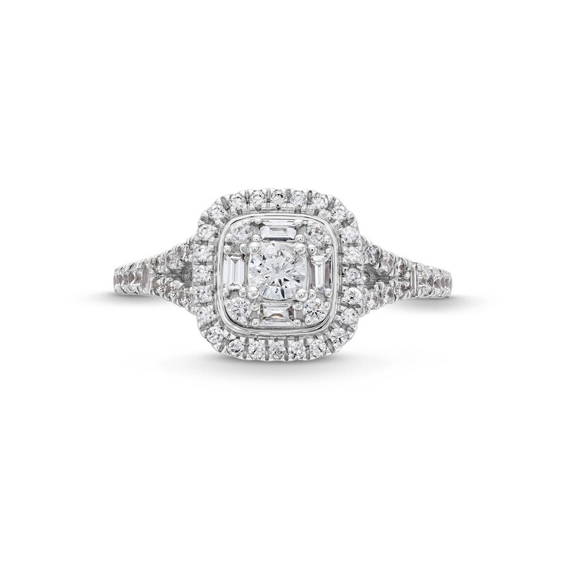 Main Image 3 of 1/2 CT. T.W. Baguette and Round Cushion-Shaped Multi-Diamond Frame Split Shank Engagement Ring in 10K White Gold
