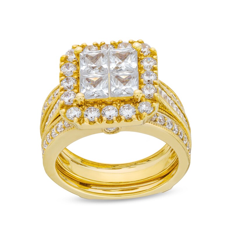 Main Image 1 of 3 CT. T.W. Quad Princess-Cut Diamond Cushion Frame Vintage-Style Bridal Set in 14K Gold
