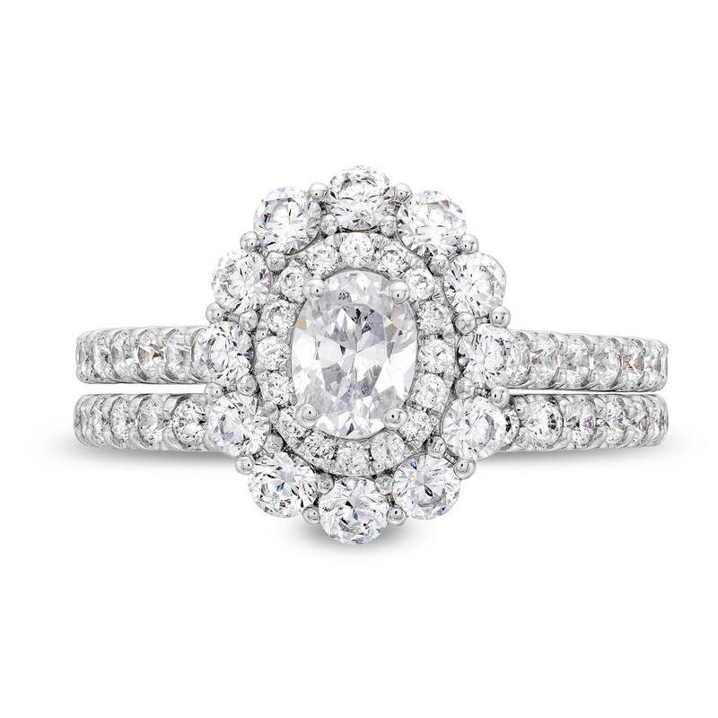 Main Image 4 of 1-3/4 CT. T.W. Oval Diamond Double Frame Bridal Set in 14K White Gold