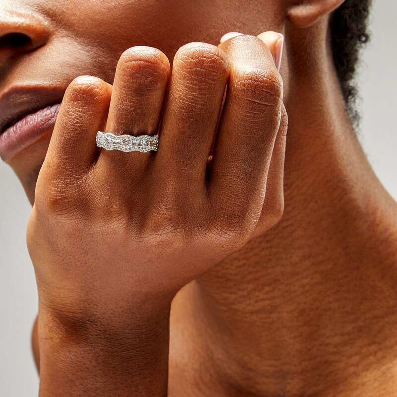 Main Image 2 of 1 CT. T.W. Baguette-Cut and Round Diamond Scallop Border Anniversary Band in 14K White Gold