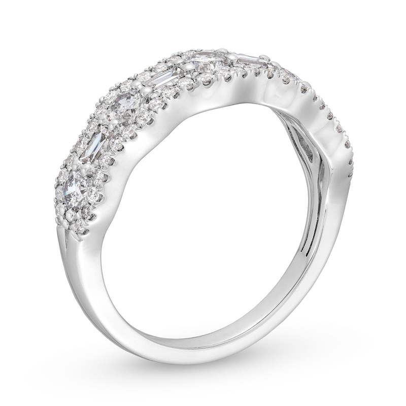 Main Image 3 of 1 CT. T.W. Baguette-Cut and Round Diamond Scallop Border Anniversary Band in 14K White Gold