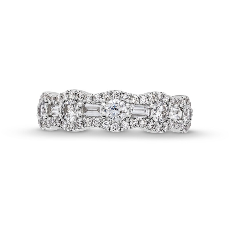 Main Image 4 of 1 CT. T.W. Baguette-Cut and Round Diamond Scallop Border Anniversary Band in 14K White Gold