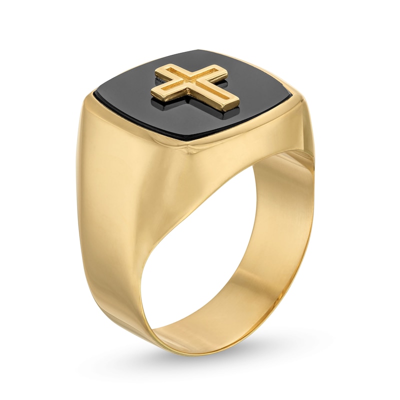 Main Image 2 of Men’s Cushion-Shaped Onyx Cross Signet Ring in 10K Gold