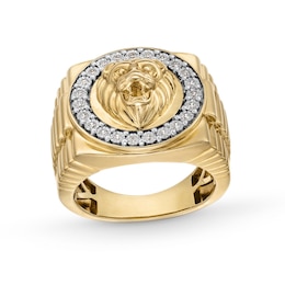 1/5 CT. T.W. Diamond Lion Head Frame Triple Row Ribbed Shank Ring in 10K Gold
