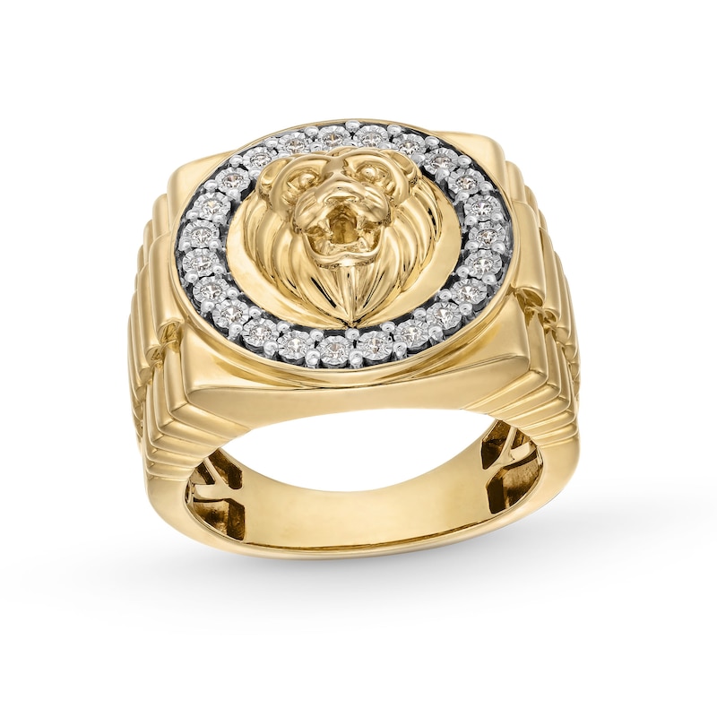 Main Image 1 of 1/5 CT. T.W. Diamond Lion Head Frame Triple Row Ribbed Shank Ring in 10K Gold