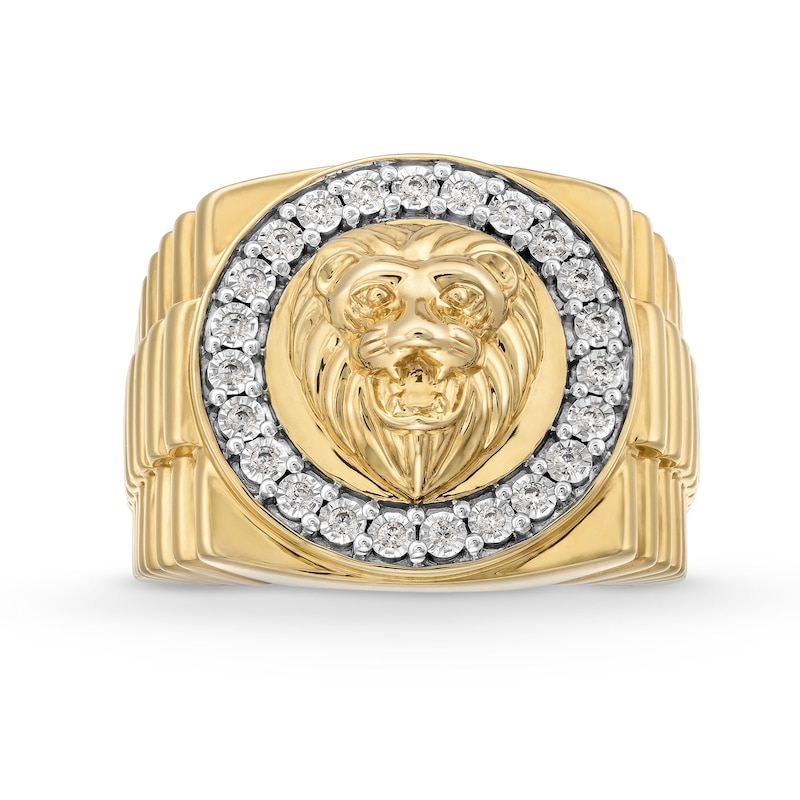 Main Image 4 of 1/5 CT. T.W. Diamond Lion Head Frame Triple Row Ribbed Shank Ring in 10K Gold
