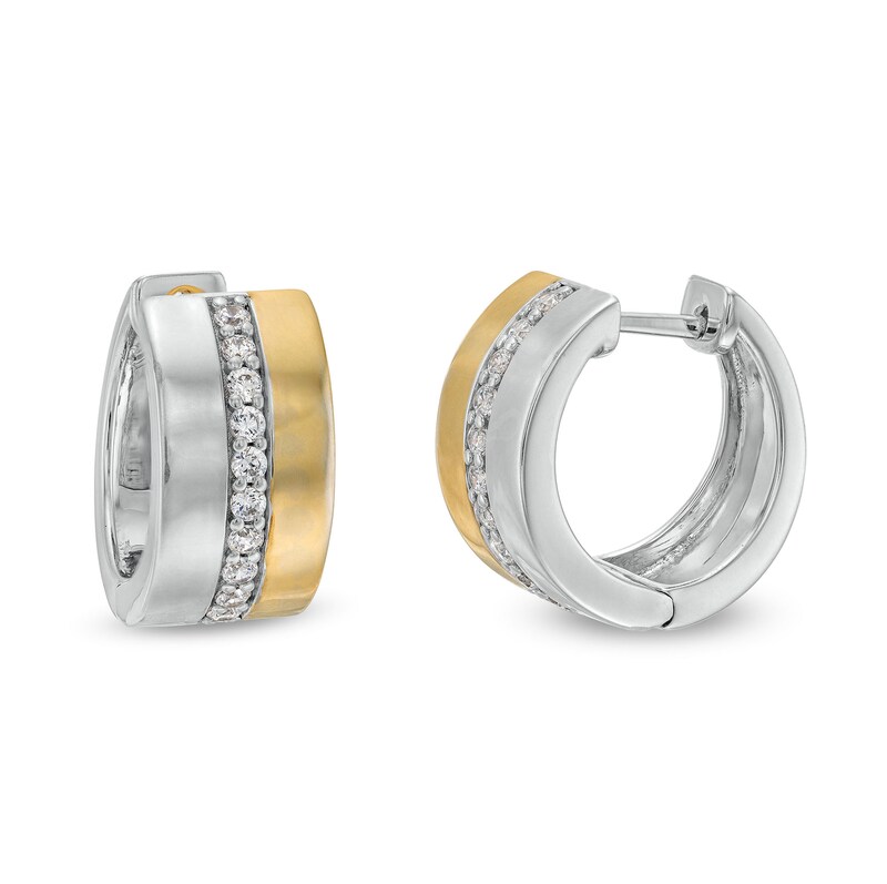 Main Image 1 of 1/3 CT. T.W. Diamond Center Hoop Earrings in 10K Two-Tone Gold