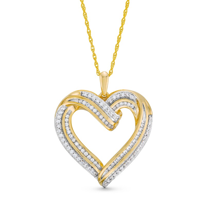 Main Image 1 of 1/2 CT. T.W. Diamond Double Row Ribbon Heart Pendant in 10K Gold