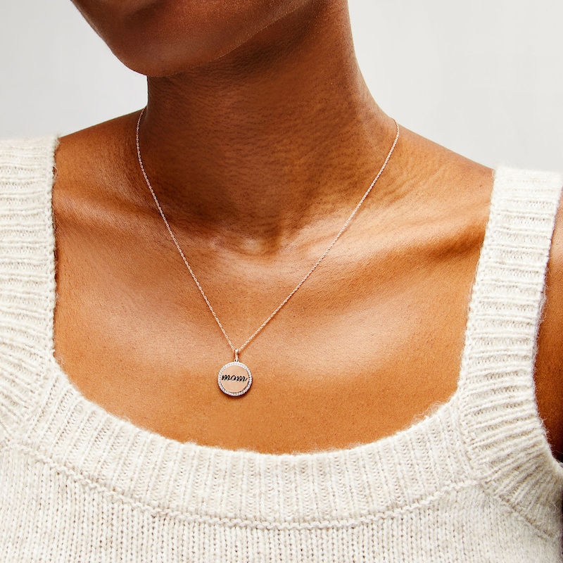 Main Image 2 of 1/6 CT. T.W. Diamond Frame "mom" Medallion Pendant in 10K Rose Gold
