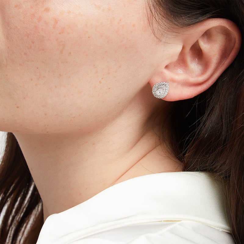 Main Image 2 of 1 CT. T.W. Certified Pear-Shaped Lab-Grown Diamond Double Frame Stud Earrings in 14K White Gold (F/SI2)