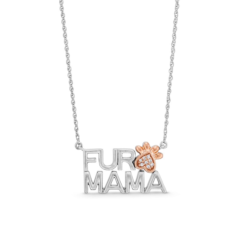 Main Image 1 of Diamond Accent "FUR MAMA" with Paw Print Necklace in Sterling Silver and 10K Rose Gold