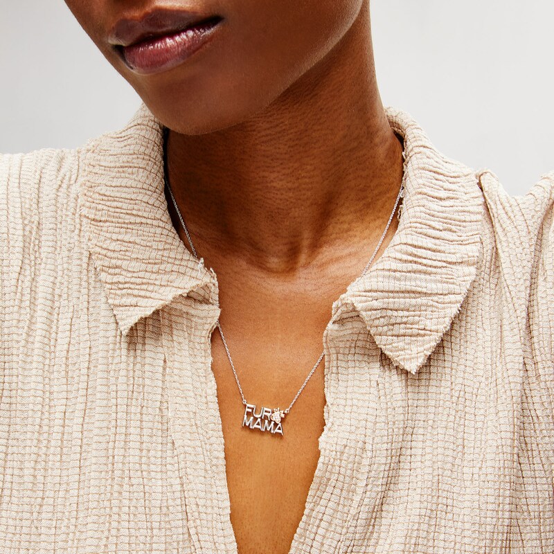 Main Image 2 of Diamond Accent "FUR MAMA" with Paw Print Necklace in Sterling Silver and 10K Rose Gold