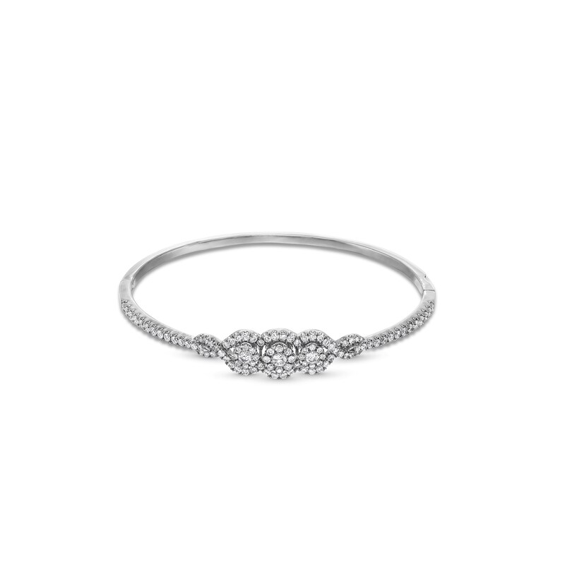 2 CT. T.W. Certified Lab-Created Diamond Three Stone Twist Frame Bangle in 14K White Gold (F/SI2) - 7.25"