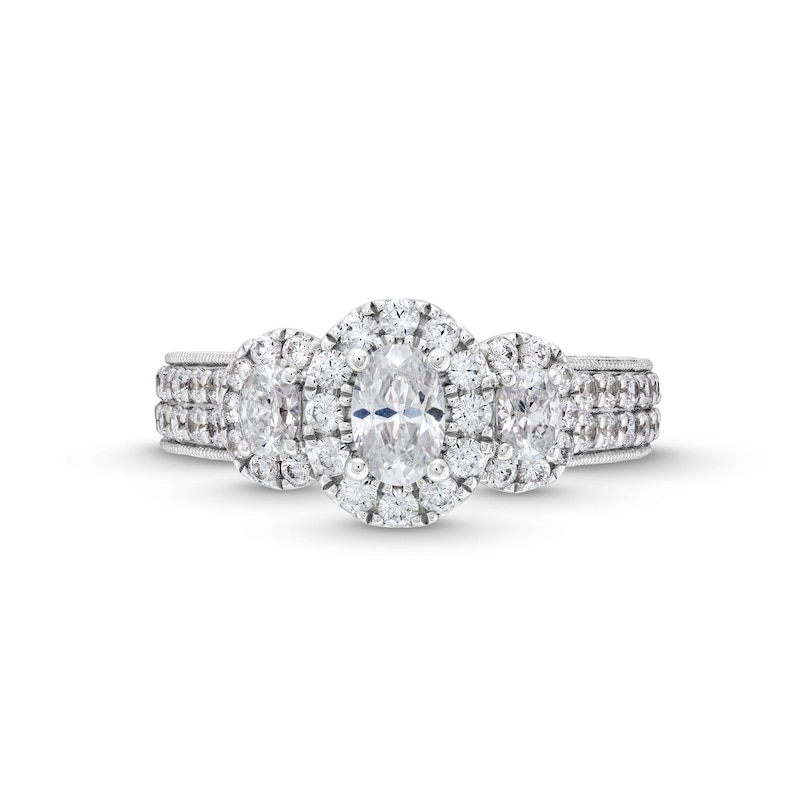 Main Image 4 of 1-1/2 CT. T.W. Oval Diamond Frame Past Present Future® Double Row Engagement Ring in 14K White Gold