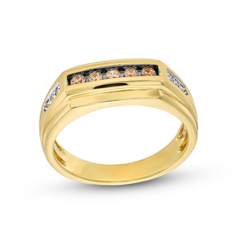 Main Image 1 of 1/4 CT. T.W. Champagne and White Diamond Stepped Edge Anniversary Band in 10K Gold