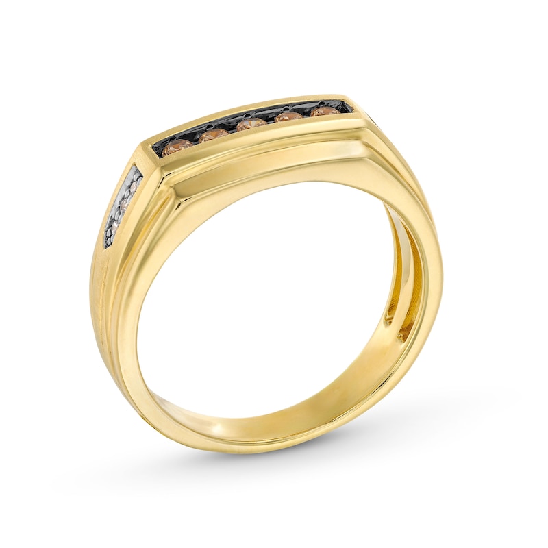 Main Image 3 of 1/4 CT. T.W. Champagne and White Diamond Stepped Edge Anniversary Band in 10K Gold