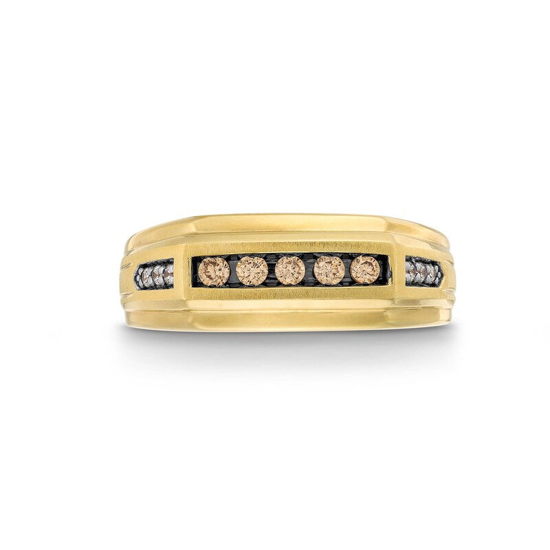 Main Image 4 of 1/4 CT. T.W. Champagne and White Diamond Stepped Edge Anniversary Band in 10K Gold