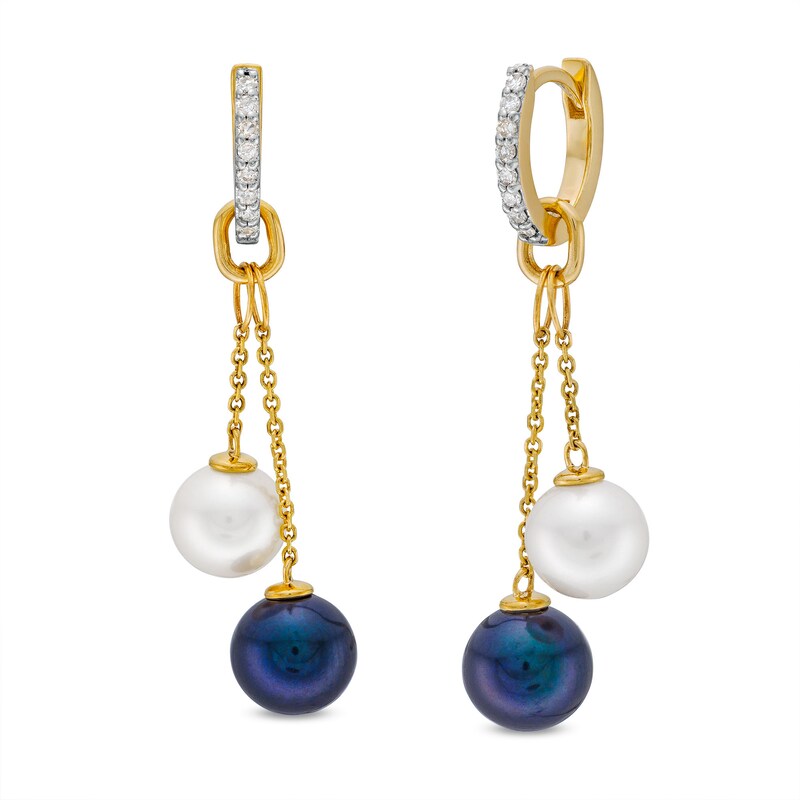 Main Image 1 of 7.0mm Black and White Freshwater Cultured Pearl with 1/10 CT. T.W. Diamond Double Chain Drop Earrings in 10K Gold