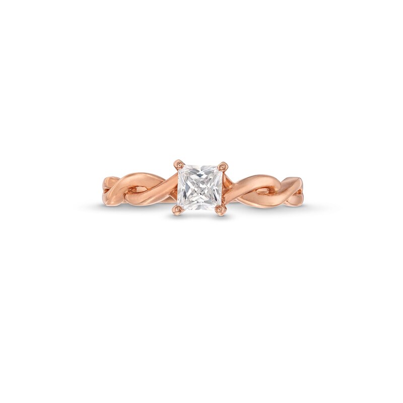 Main Image 4 of 1/2 CT. Princess-Cut Diamond Solitaire Twist Shank Ring in 14K Rose Gold