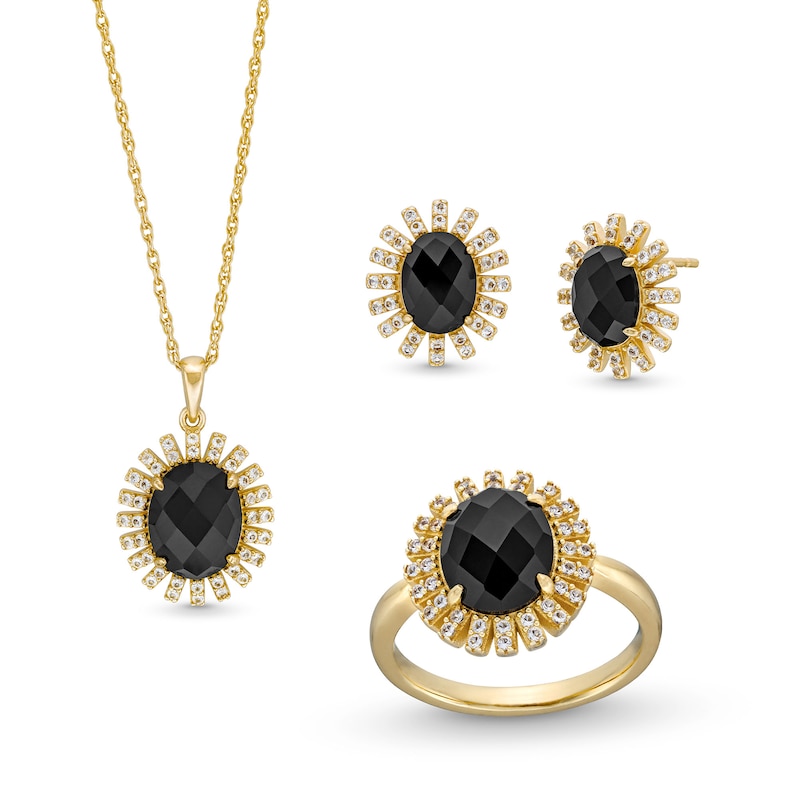 Main Image 1 of Onyx and White Lab-Created Sapphire Sunburst Pendant, Ring and Stud Earrings Set in Sterling Silver with 18K Gold Plate