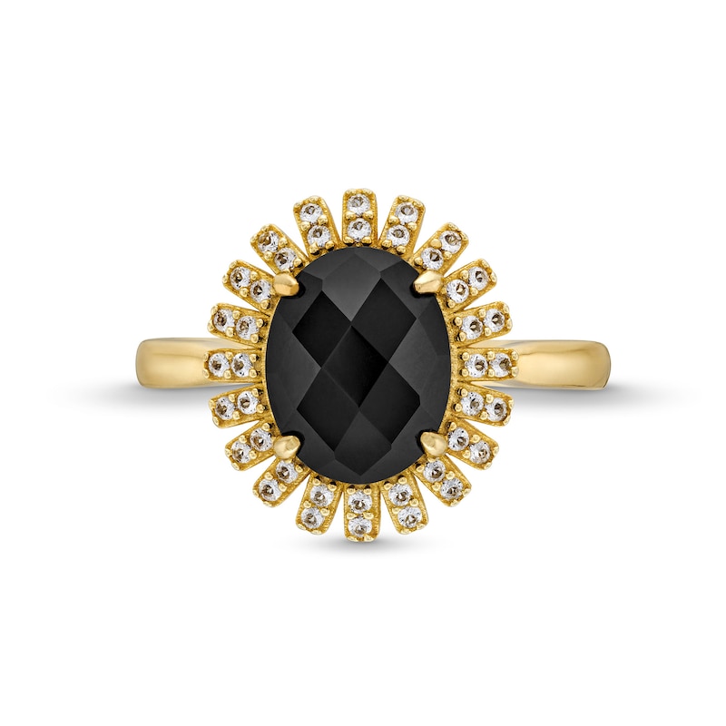 Main Image 3 of Onyx and White Lab-Created Sapphire Sunburst Pendant, Ring and Stud Earrings Set in Sterling Silver with 18K Gold Plate