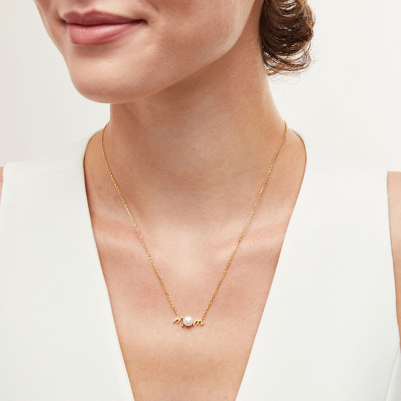 Main Image 2 of 6.0-6.5mm Button Freshwater Cultured Pearl "MOM" Necklace in Sterling Silver with 14K Gold Plate