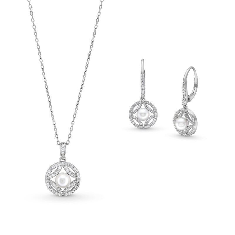 Main Image 1 of Freshwater Cultured Pearl and White Lab-Created Sapphire Open Frame Pendant and Drop Earrings Set in Sterling Silver