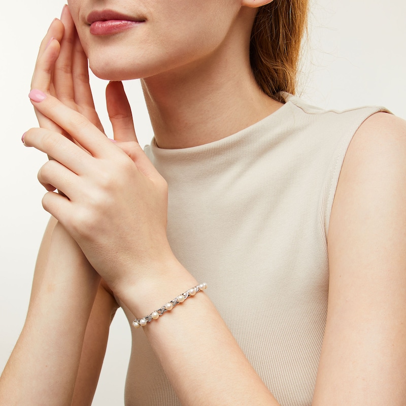 Main Image 2 of 5.0mm Freshwater Cultured Pearl and Diamond Accent "XO" Link Bracelet in Sterling Silver - 7.5"