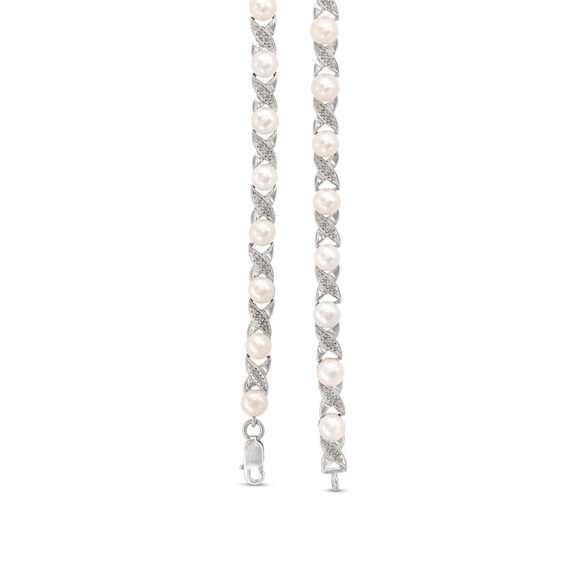 Main Image 3 of 5.0mm Freshwater Cultured Pearl and Diamond Accent "XO" Link Bracelet in Sterling Silver - 7.5"