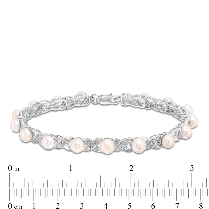 Main Image 4 of 5.0mm Freshwater Cultured Pearl and Diamond Accent "XO" Link Bracelet in Sterling Silver - 7.5"
