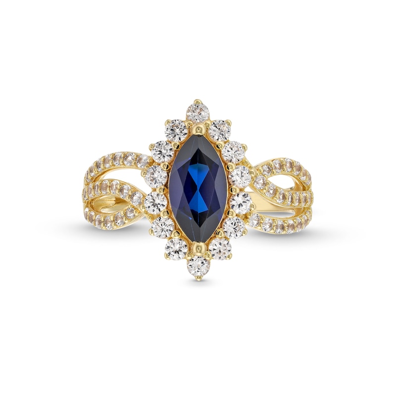 Main Image 4 of Blue and White Lab-Created Sapphire Frame Pendant, Ring and Stud Earrings Set in Sterling Silver with 14K Gold Plate