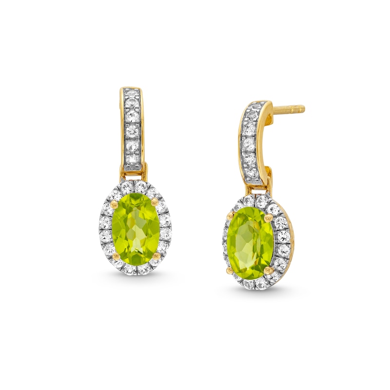 Main Image 1 of Oval Peridot and White Lab-Created Sapphire Frame Drop Earrings in 10K Gold