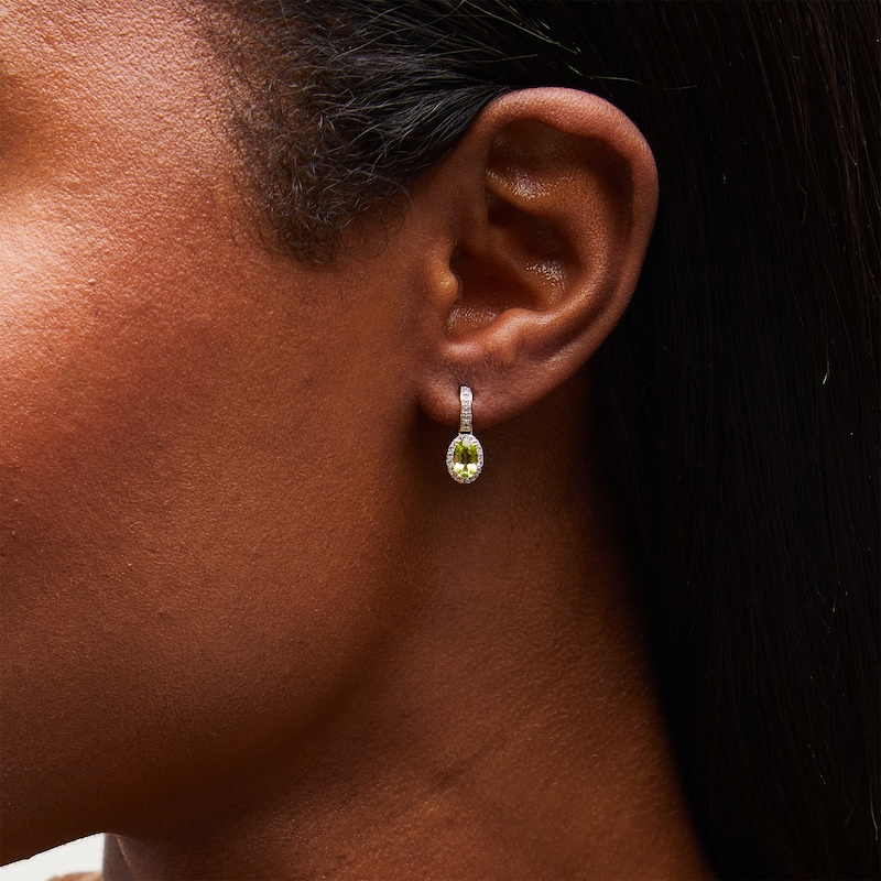 Main Image 2 of Oval Peridot and White Lab-Created Sapphire Frame Drop Earrings in 10K Gold
